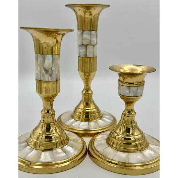 Brass and Mother of Pearl Candle Sticks Set of 3 - Picture 2 of 7